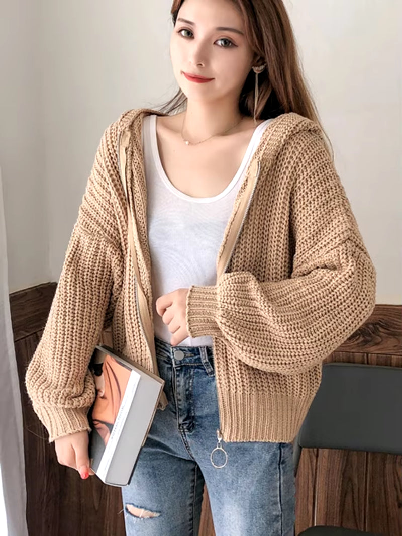 Hooded Zipper Knitted Women Cardigans Sweater Loose Long Sleeve Cardigan Sweaters for Woman Autumn Winter Casual Solid Knitwear