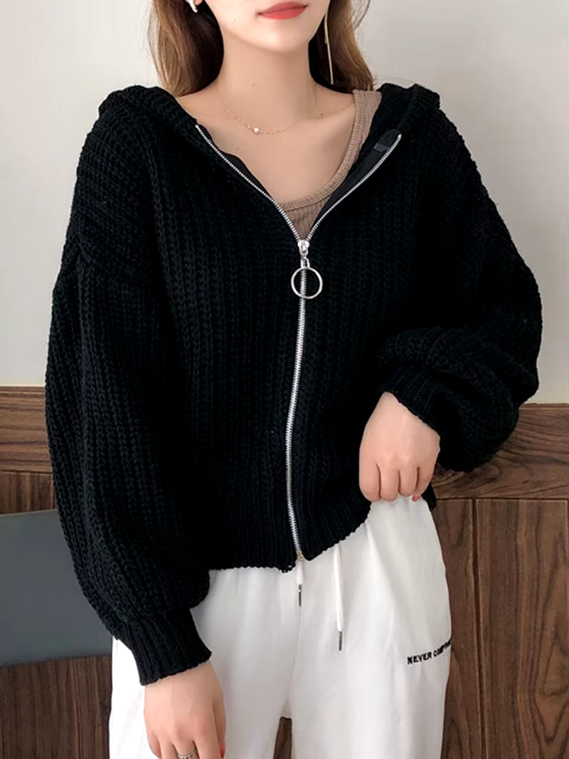 Hooded Zipper Knitted Women Cardigans Sweater Loose Long Sleeve Cardigan Sweaters for Woman Autumn Winter Casual Solid Knitwear