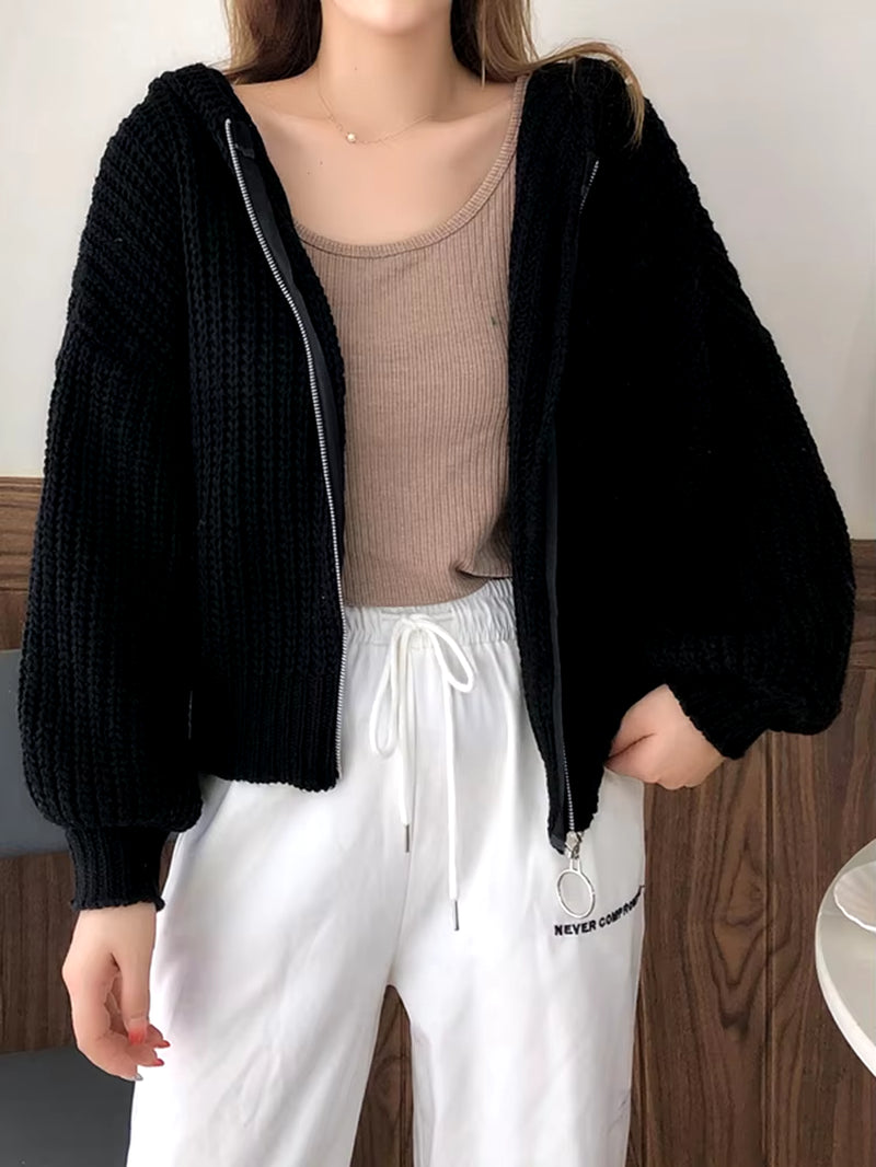 Hooded Zipper Knitted Women Cardigans Sweater Loose Long Sleeve Cardigan Sweaters for Woman Autumn Winter Casual Solid Knitwear