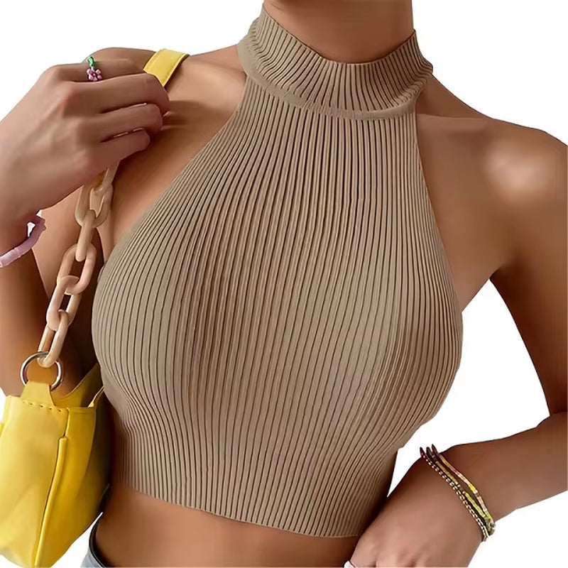 Knit Sleeveless Halter Tops for Women Basics Solid Slim Fitted Crop Womens Turtleneck Ribbed Vest Y2K High Neck Tank Tops