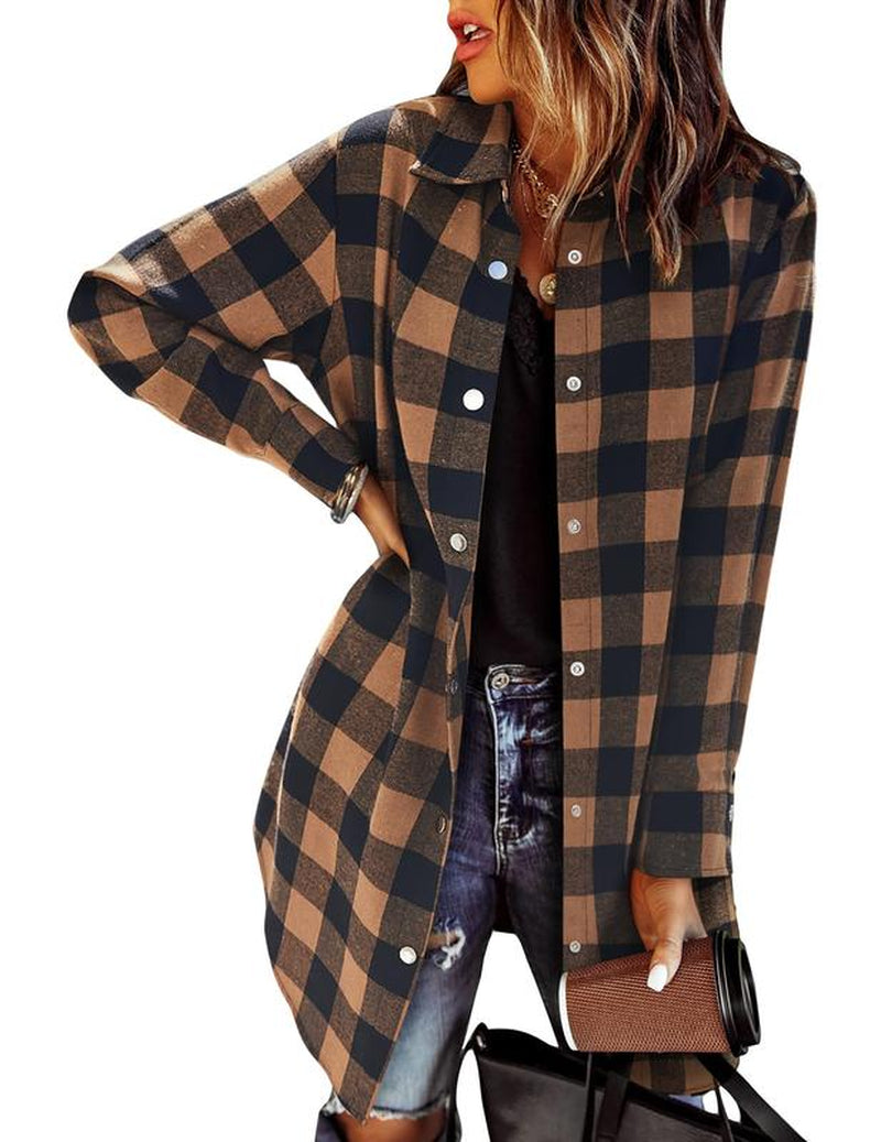 ZEAGOO Fallsale Flannel for Women 2024 Fall Fashion Long Sleeve Plaid Button down Shirts Shacket Blouse Top with Pockets Corduroy Jacket Halloween