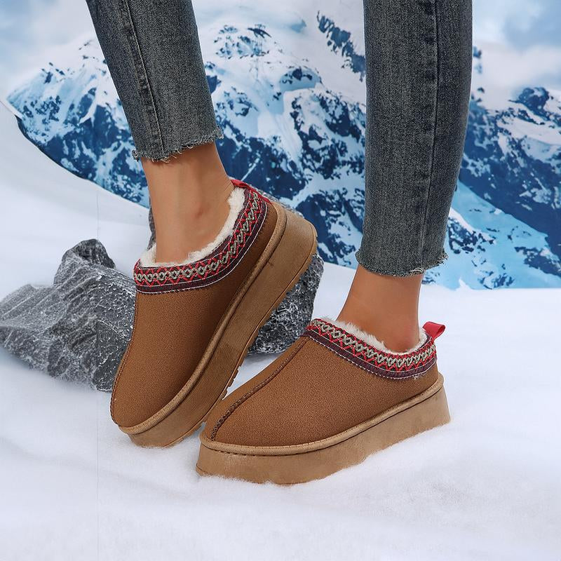 Women'S Chestnut Contrast Print Suede Plush Lined Snow Boots Women Footwear Comfort Shoe Women Walking Shoes Girl Winter Stylish Design Nail Casual